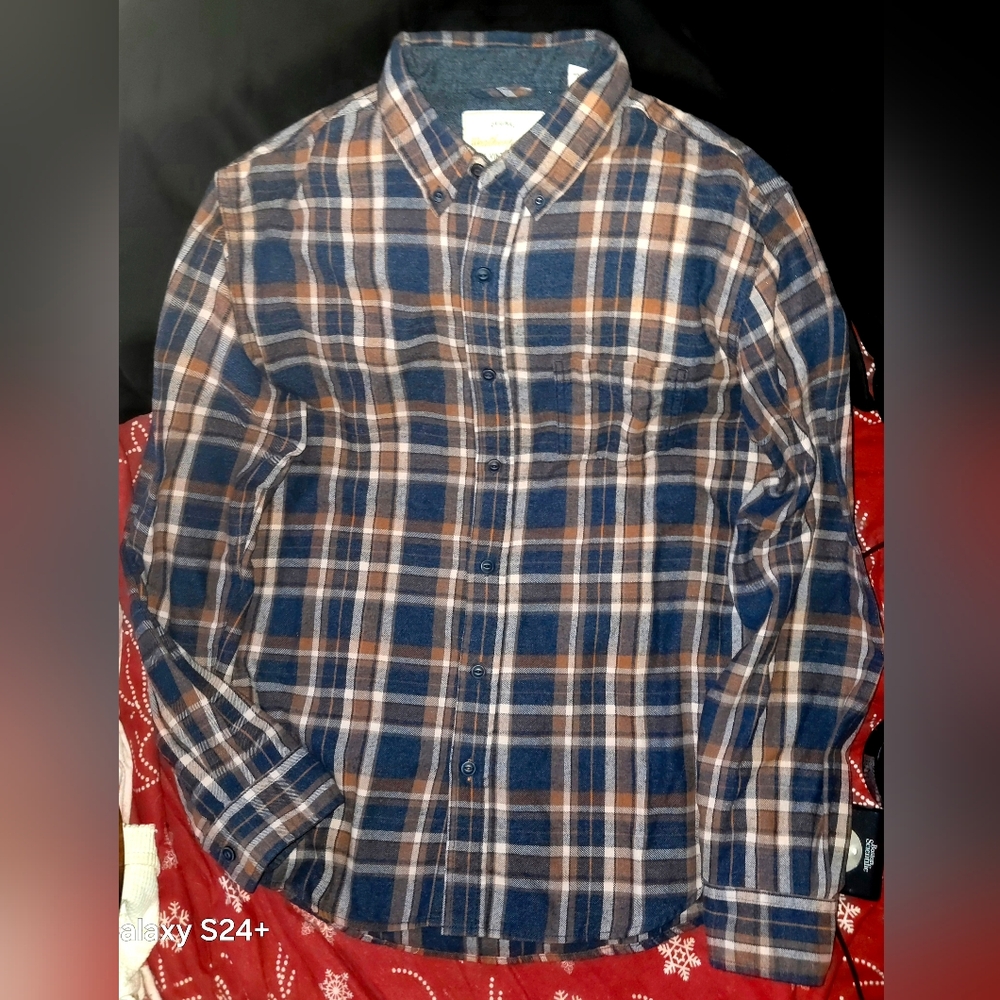 Men's Cotton Flannel Blue and Brown Plaid Long Sleeves Casual WeatherProof Shirt